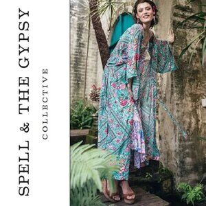 Spell & The Gypsy Babushka Turquoise Maxi Kimono Robe OS b180